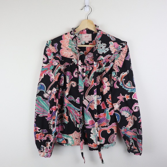Banjanan Bethany Tie Neck Ruffle Top Small Rococo Fantasy Bird Print Black - Picture 2 of 8